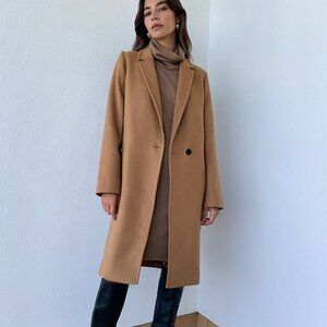 Women’s Camel Wool Blend Long Coat – Double Breasted Classic Overcoat